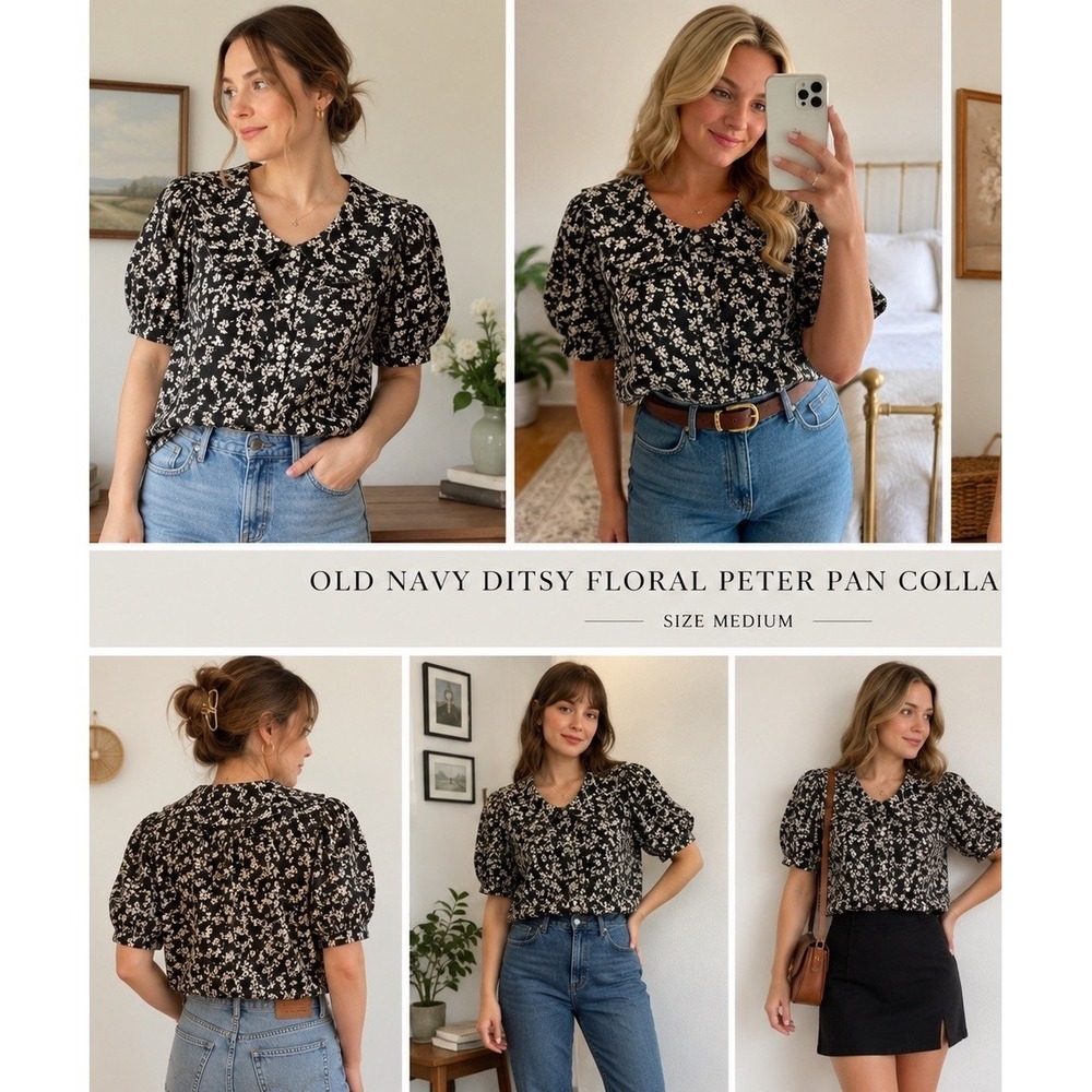 Old Navy Ditsy Floral Peter Pan Collar Blouse M Tall Puff Sleeve Cottagecore Top
